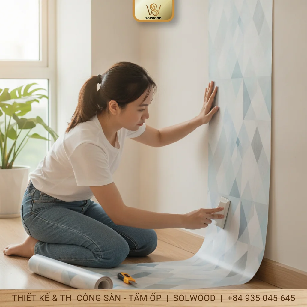 Hướng dẫn thi công giấy dán tường có sẵn keo không bị nhăn - hình 2