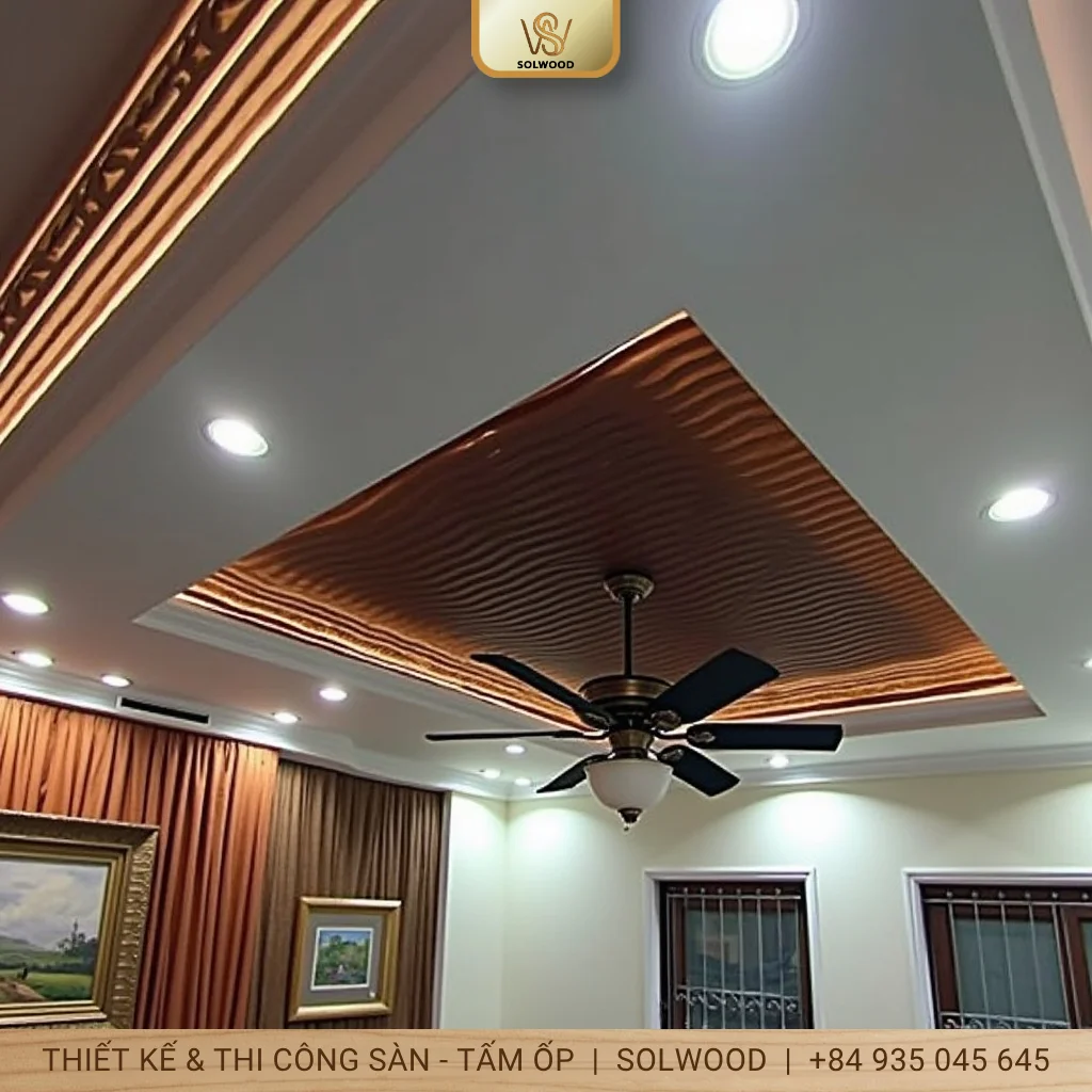Tấm nhựa giả gỗ lam sóng ốp tường trần Hội An sang trọng