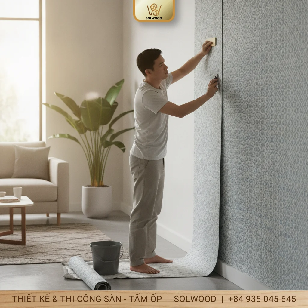Hướng dẫn thi công giấy dán tường có sẵn keo không bị nhăn - hình 3