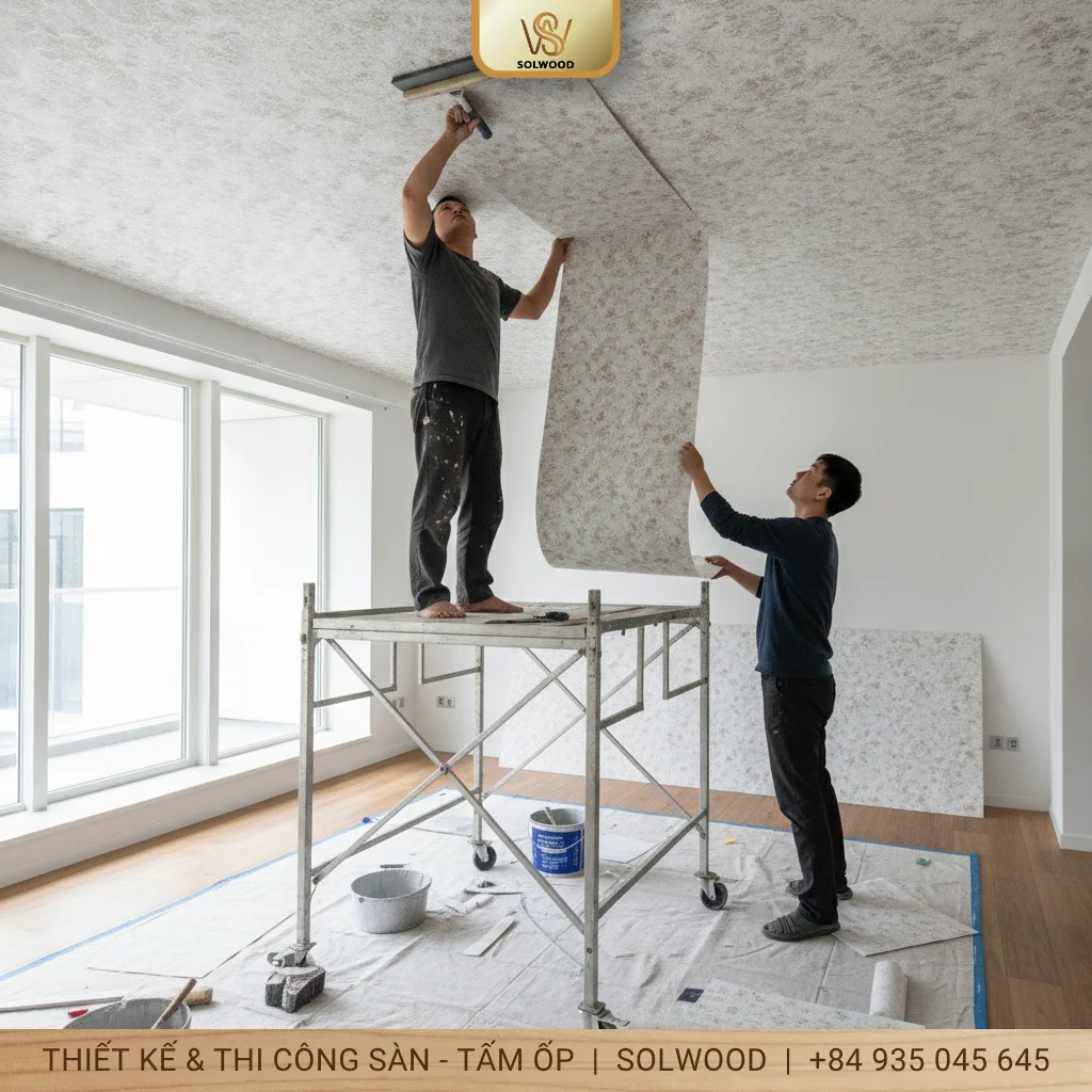 Hướng dẫn thi công giấy dán tường lên trần nhà - hình 1