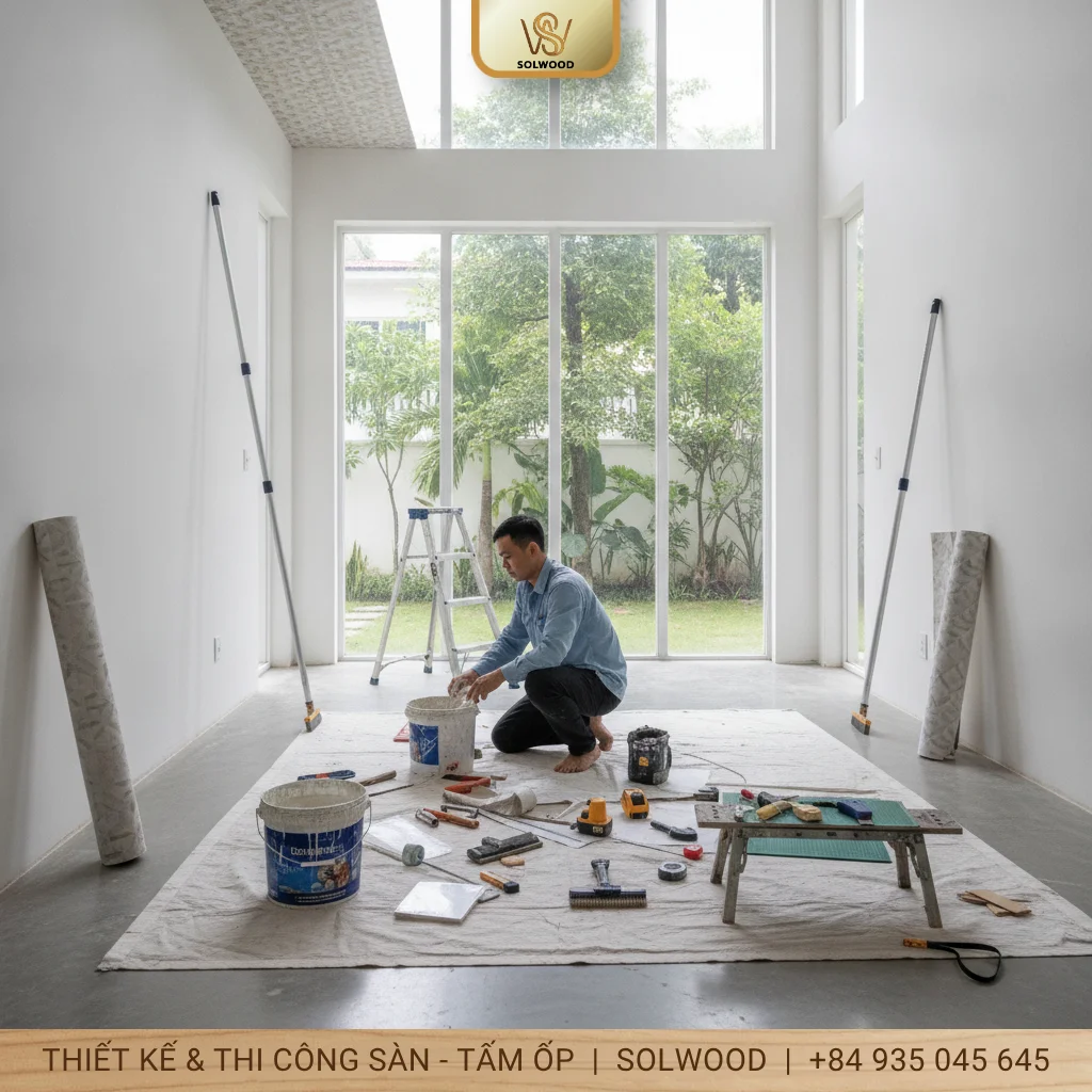 Hướng dẫn thi công giấy dán tường lên trần nhà - hình 2