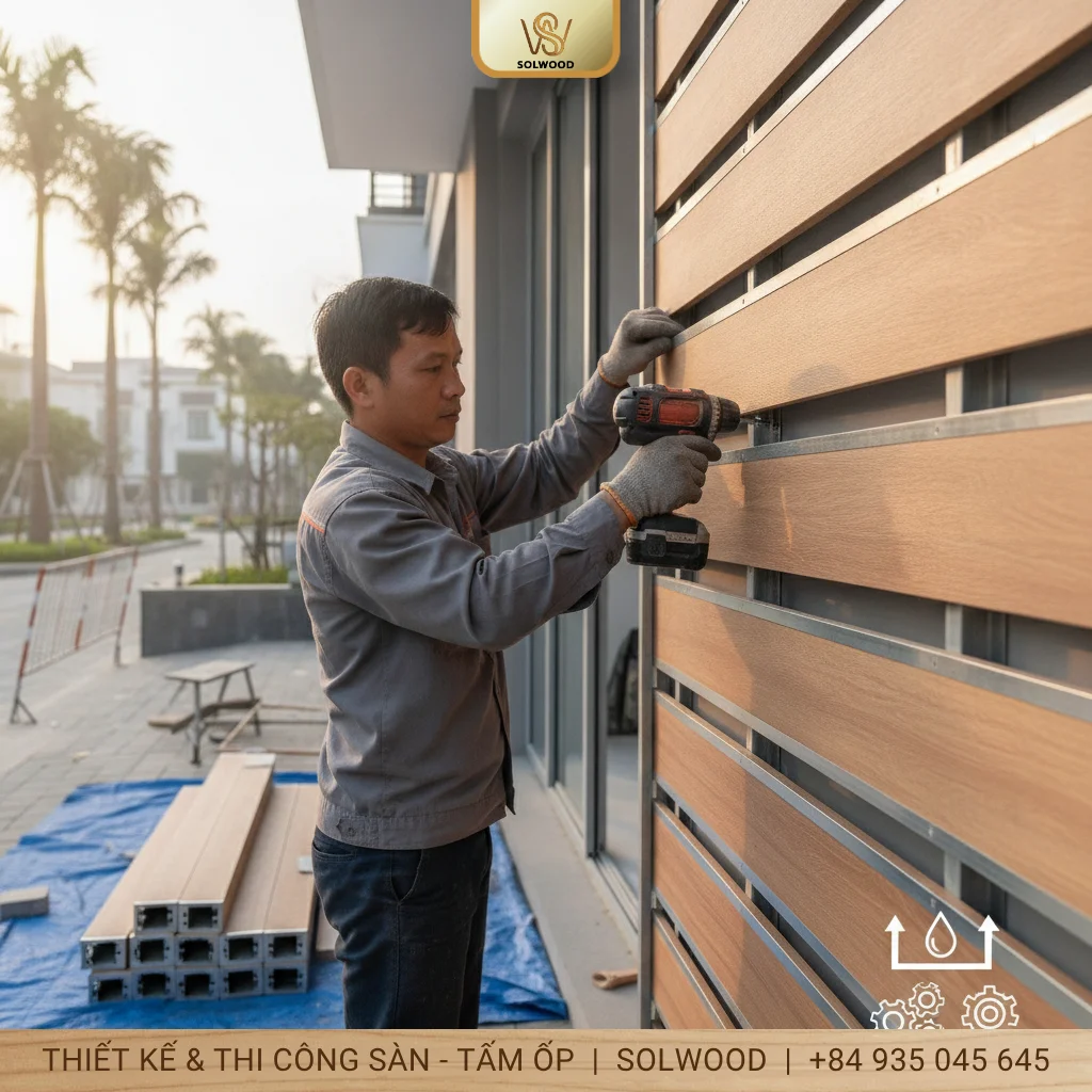 Hướng dẫn thi công thanh lam gỗ nhựa ngoài trời có luồn thép hộp - hình 4