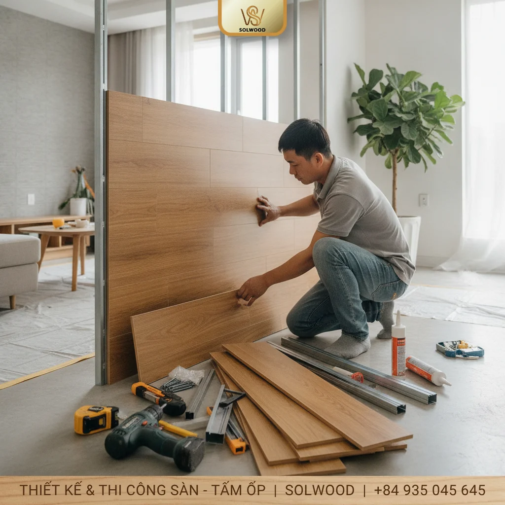 Hướng dẫn thi công vách ngăn nhựa giả gỗ 2 mặt - hình 3