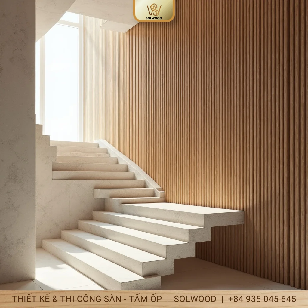 Lam Nhựa Giả Gỗ 50x100 Trang Trí Vách Cầu Thang - hình 3