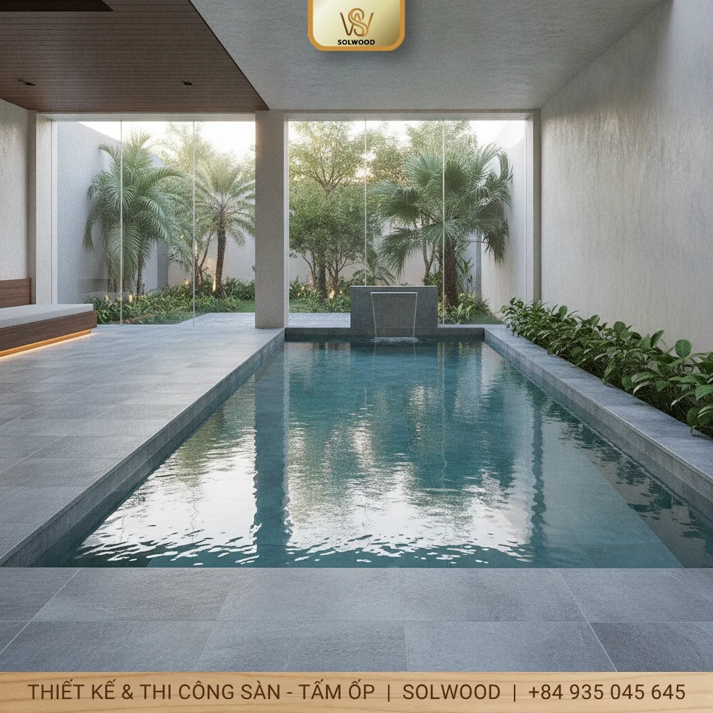 Nên làm sàn vật liệu nào cho Bể bơi trong nhà ngoài trời - hình 2